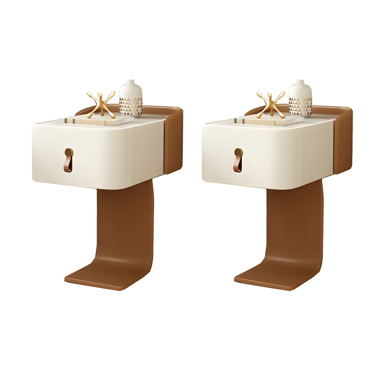 Khaki Stone Top Wood C-Shaped Nightstand with Drawer