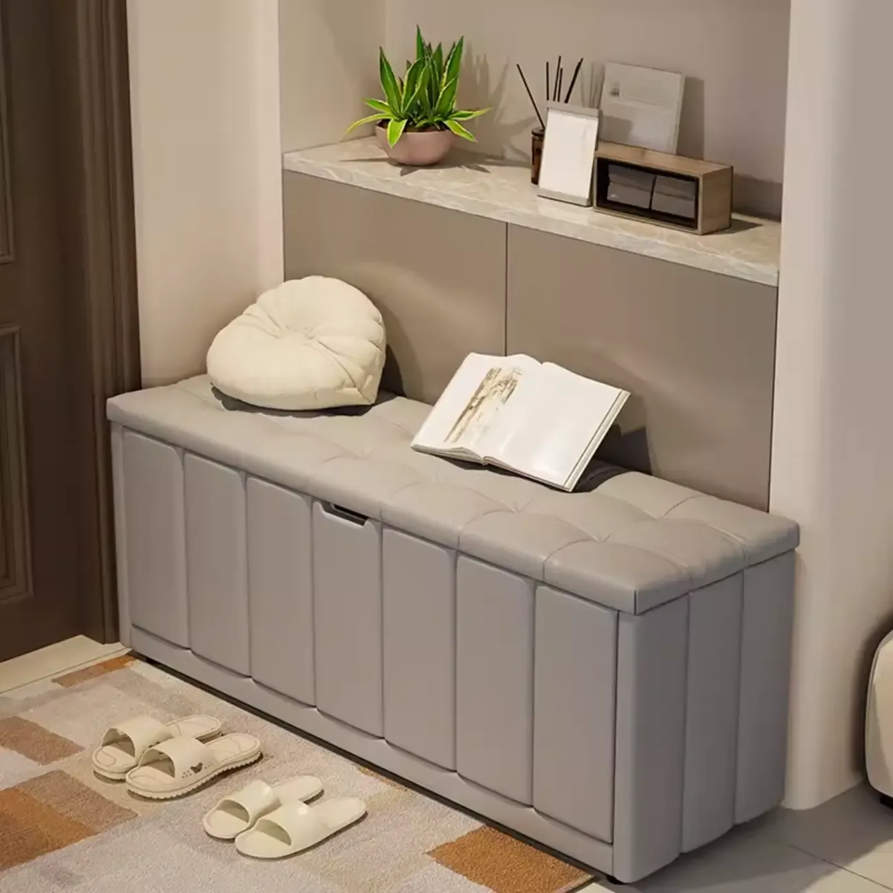 Adjustable Shelves Drop Front Wood Cushioned Shoe Bench