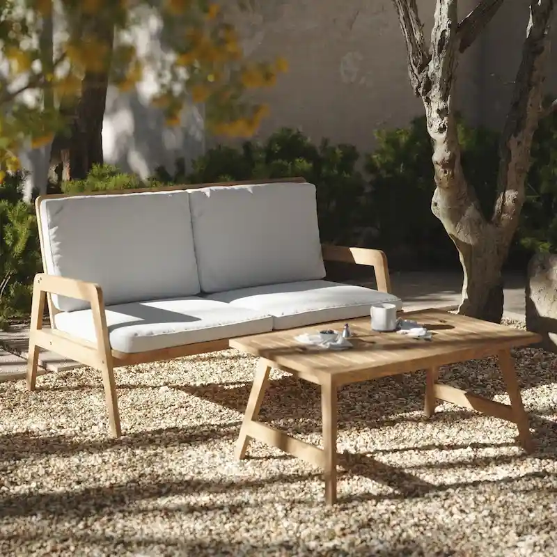 Outdoor Acacia Wood Seating Group, Coffee Table and Loveseat with Cushions