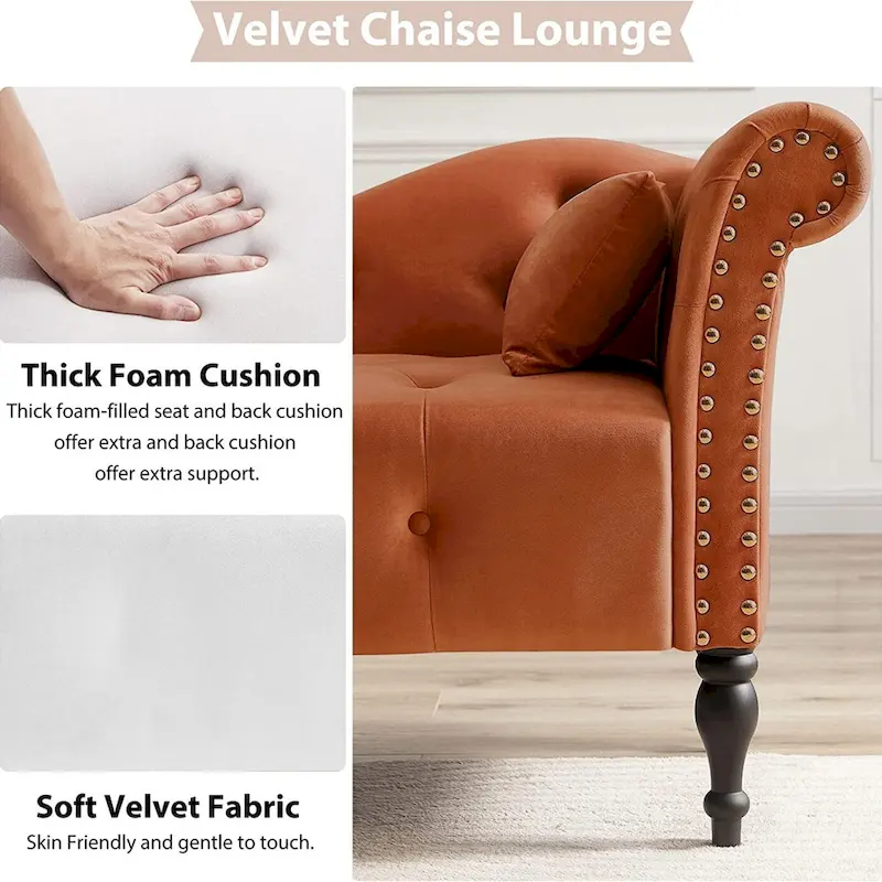 61 Velvet Chaise Lounge Chair with 1 Pillow and Nailhead Trimmed