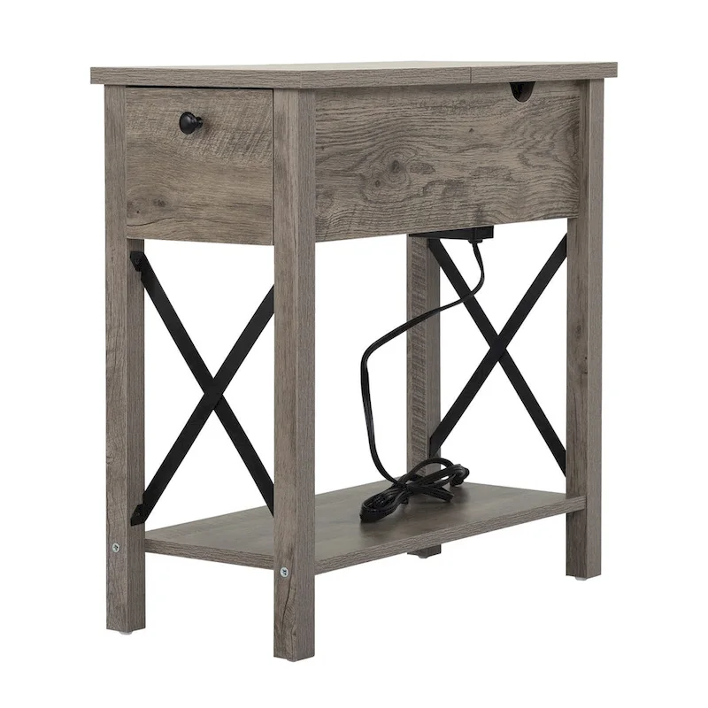 Farmhouse Flip Top Nightstand End Table W/Drawer 2AC Outlets 2USB