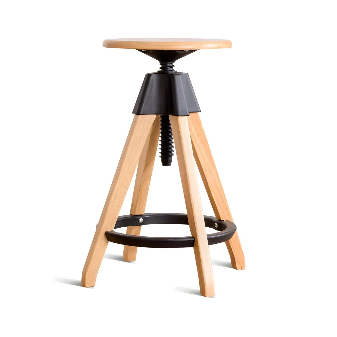 Adjustable Brown Wooden Swivel Backless Bar Stools