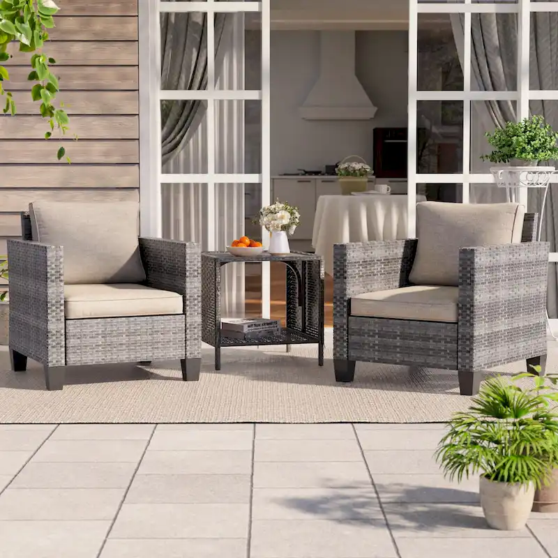 BONOSUKI 3-Piece Patio Sofa Set Grey Rattan with Side Table