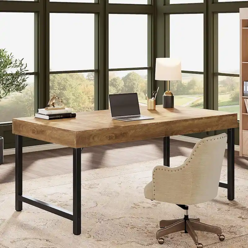 55 Inches Industrial Executive Desk, Rustic Simple Computer Laptop Desk with Strong Metal Legs