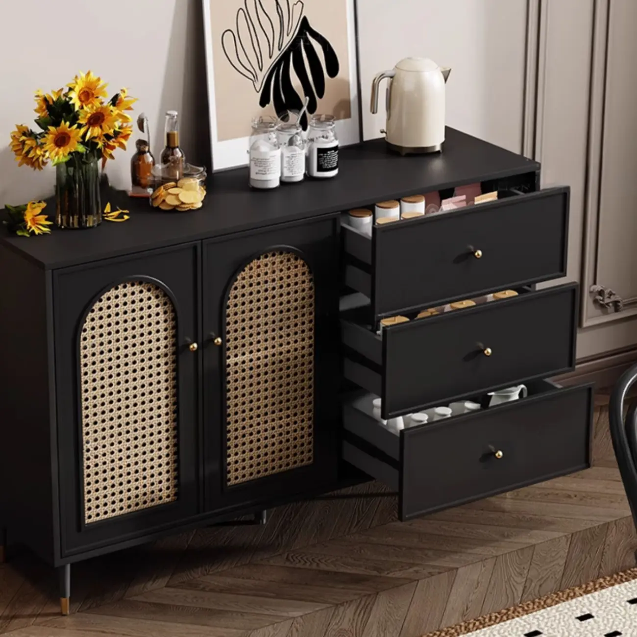 Traditional 3-Layer Rattan Wooden Black Sideboard Cabinet