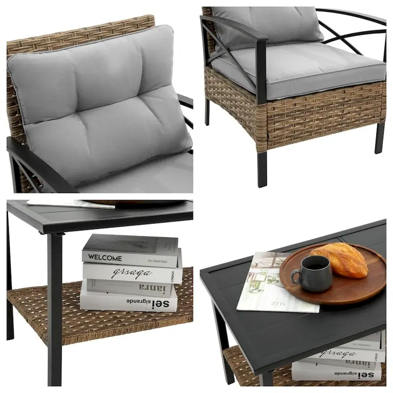 Patio 4 Piece Sectional Low Dining Conversation Sofa Set w/ Cushion