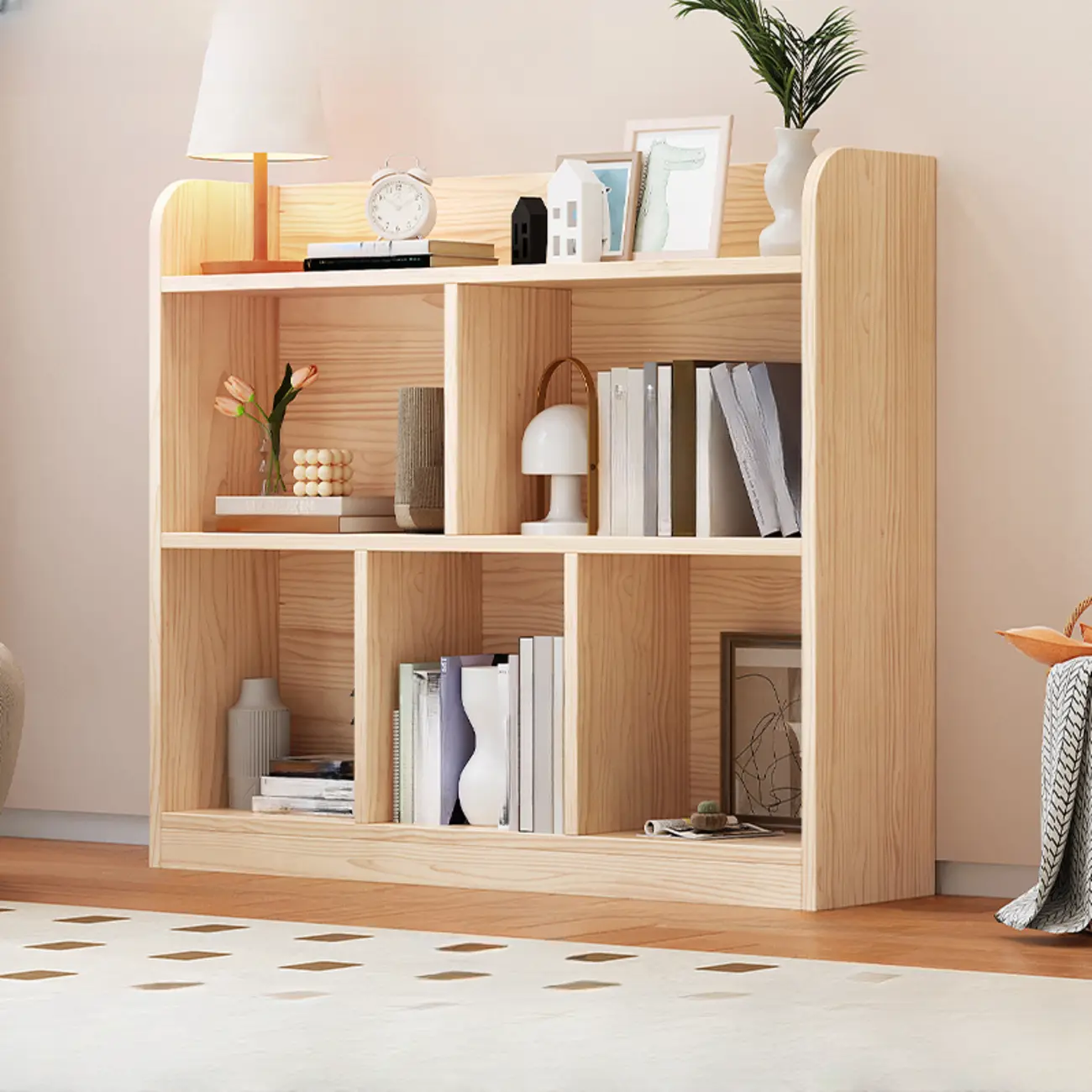 Simple Natural Wood Multi-Shelf Horizontal Bookcase