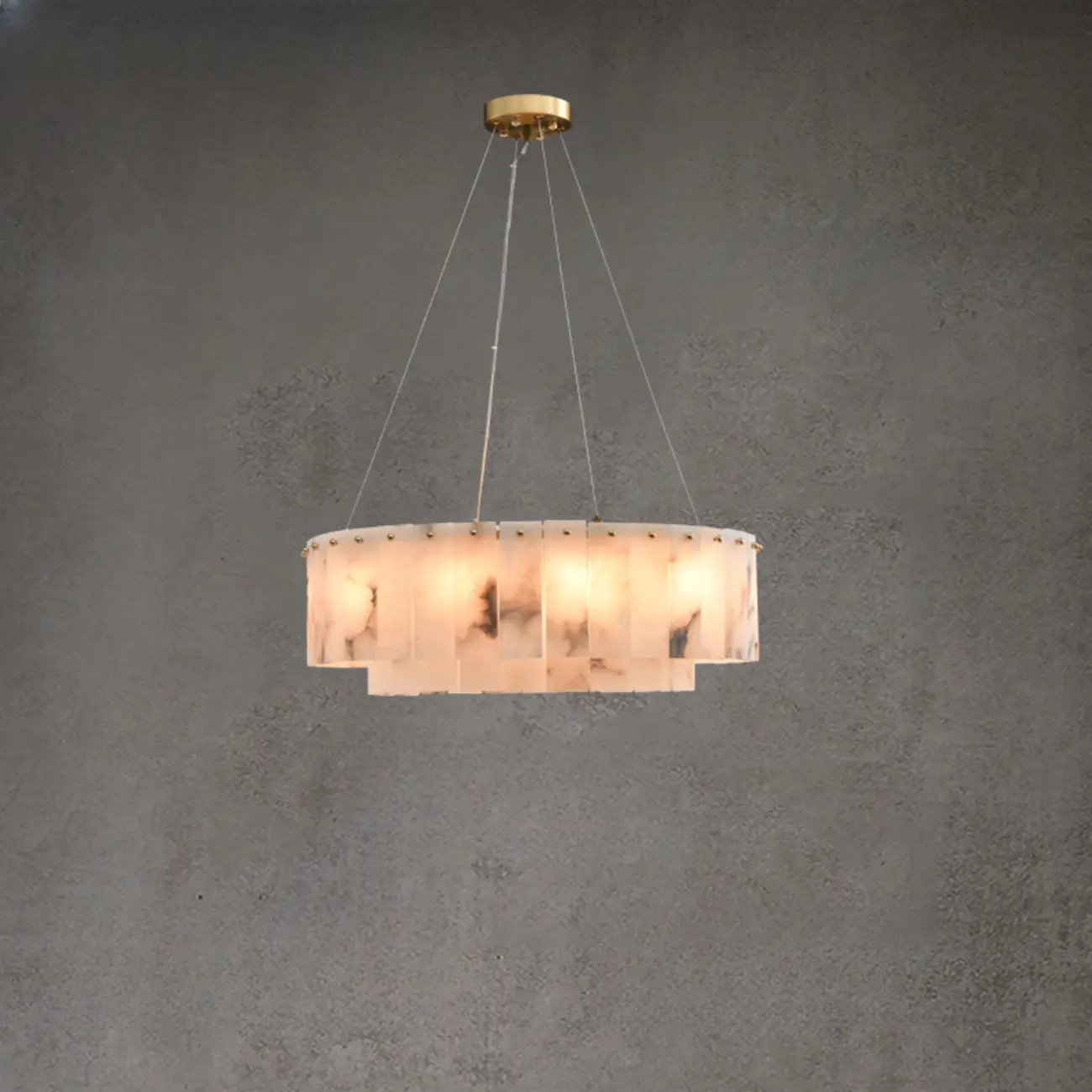 2-Tiers White Metal Circle Alabaster Drum Chandelier