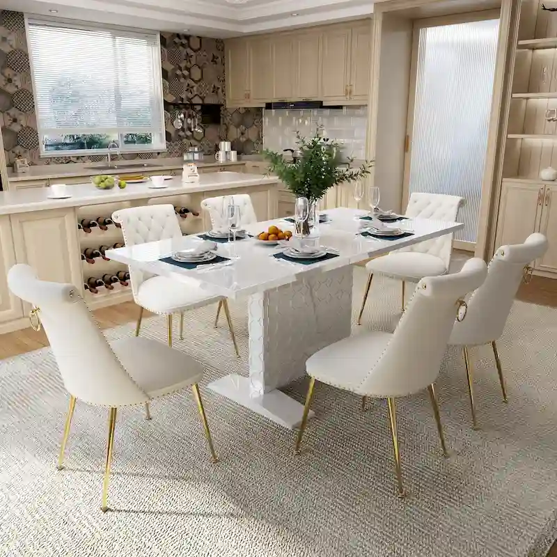 7-Piece Clihome High-gloss Extendable Table Velvet Chair Dining Set