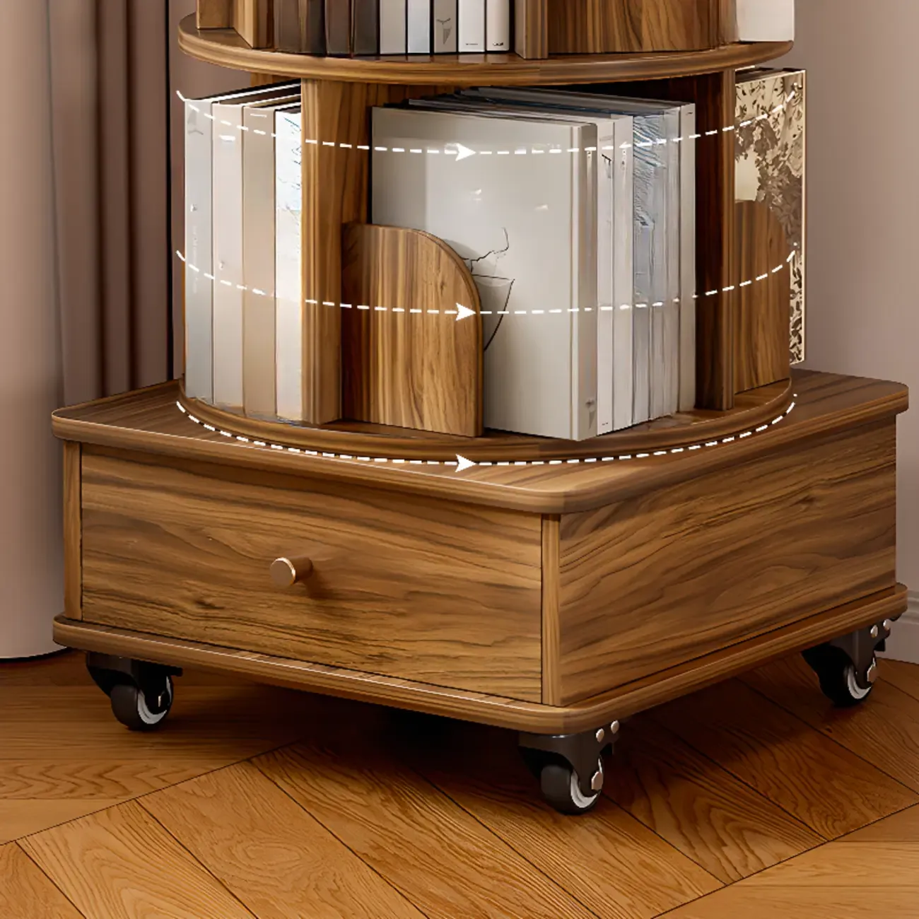 Narrow Wood 5-Tier Revolver Sliding Bookcase with Drawer