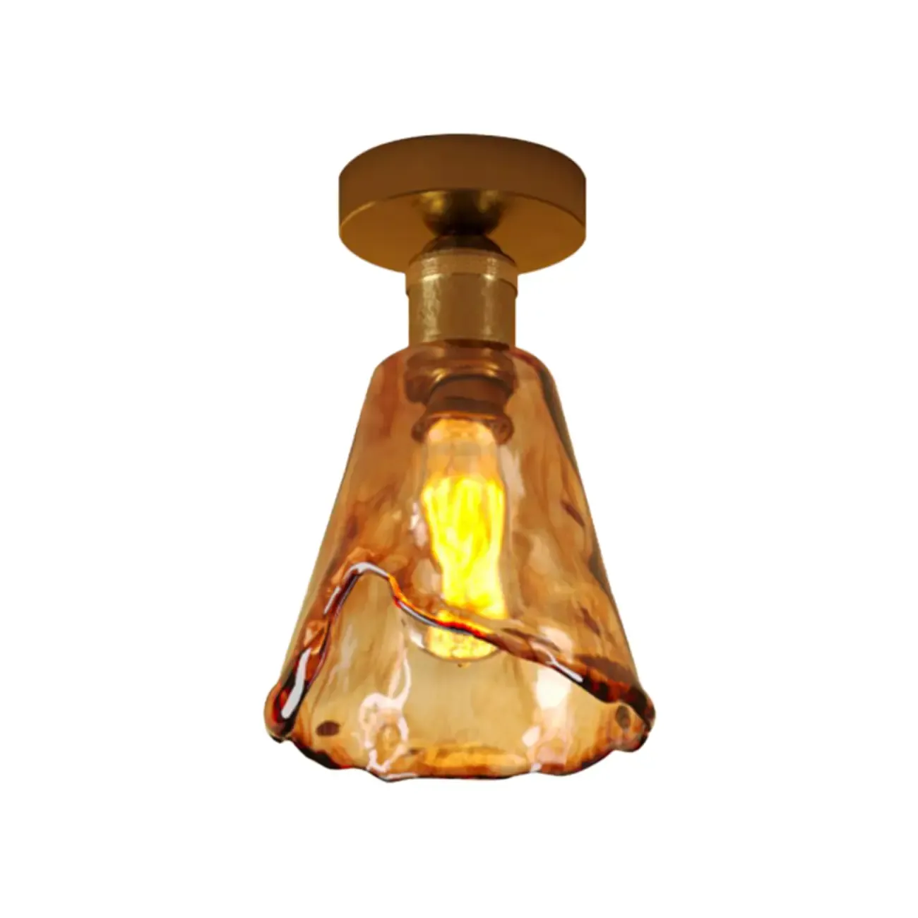 Modern Brass Amber Glass Cone Semi Flush Ceiling Light