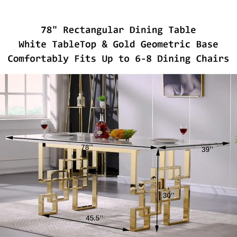 Luxury White Faux Marble Dining Table with 78 inch Top and Metal Base