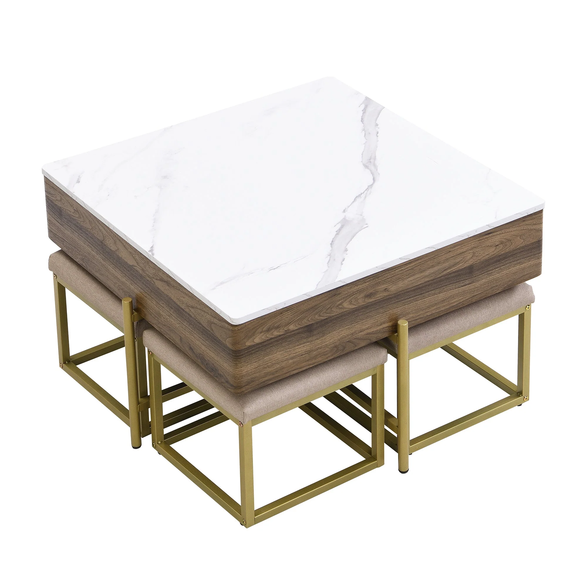 Walker Edison | Modern Square Lift-Top Coffee Table Set with 4 Ottomans
