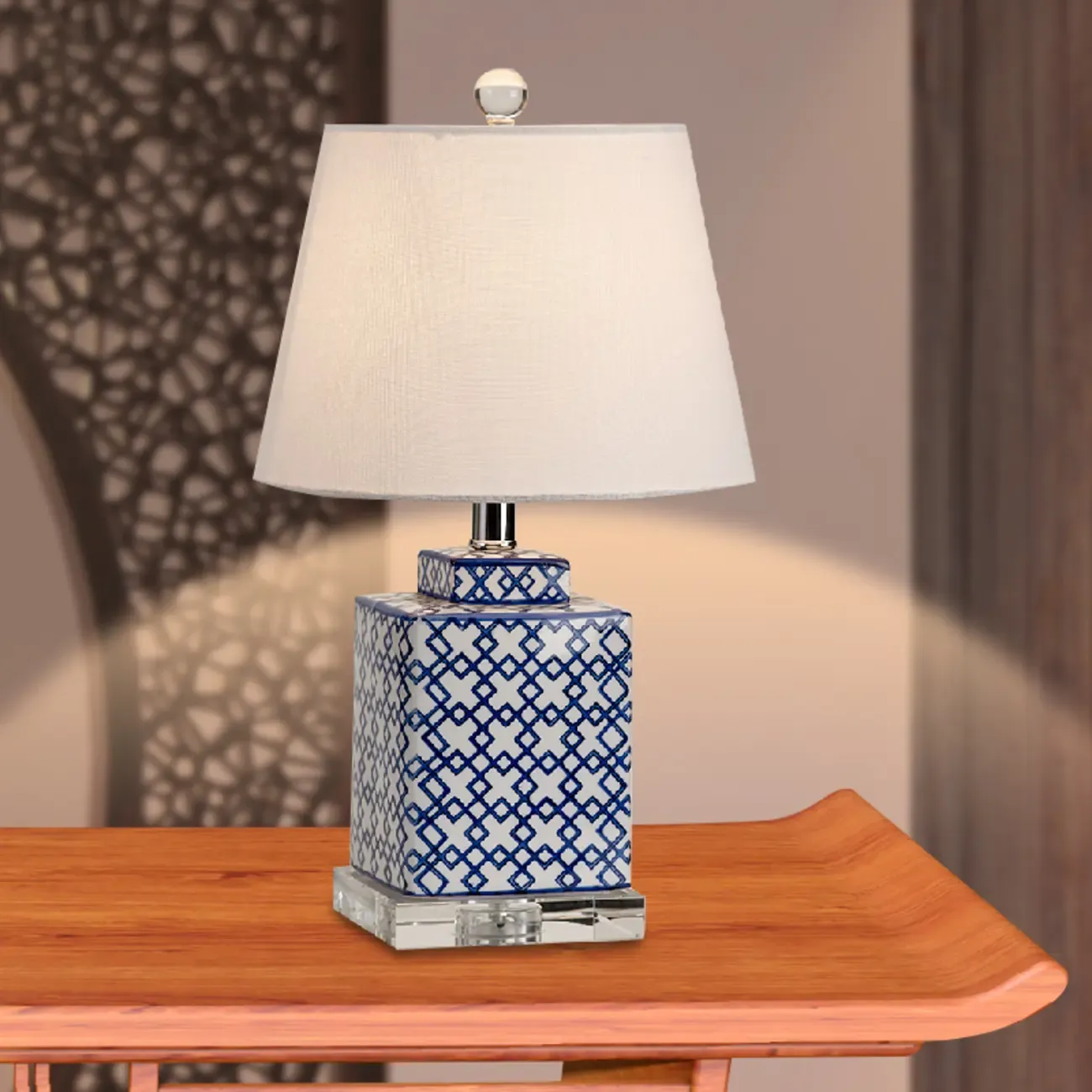 Blue Traditional Ceramic Table Lamp with Fabric Shade