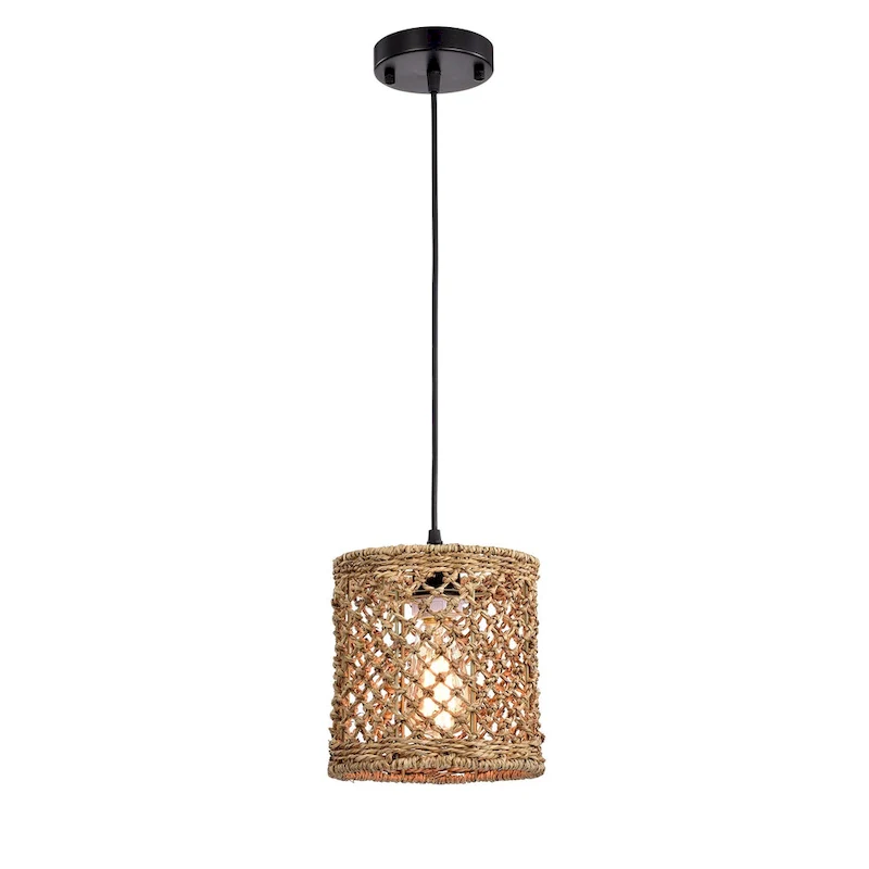 Shaun Dark Yellow 1-Light Rattan Drum Basket Pendant Light