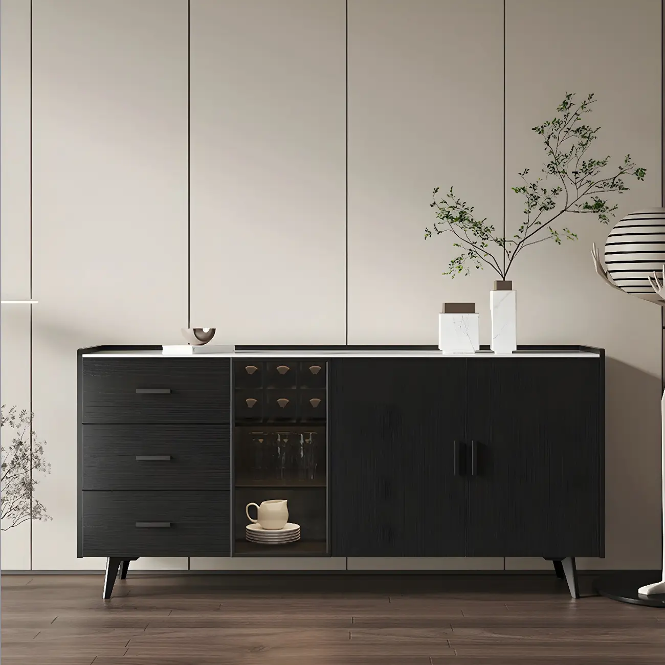 Glam Walnut Wooden Sideboard with Drawers & Cabinets