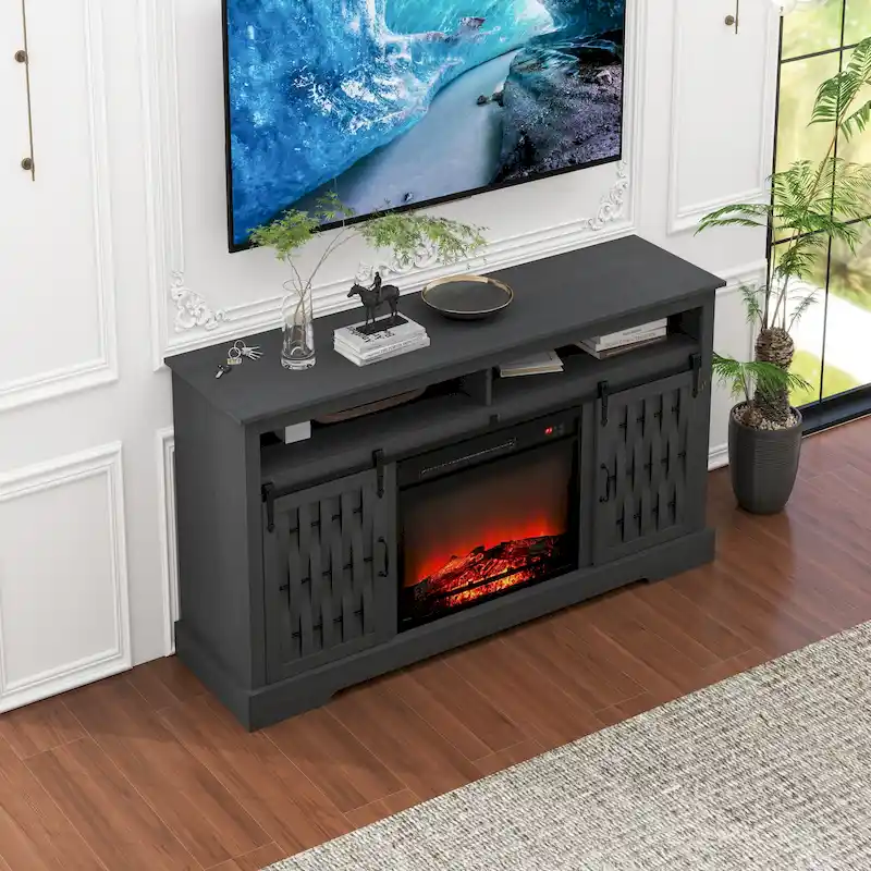 58.03 Fireplace TV Stand with Electric Fireplace and Sliding Barn Doors for TVs Up to 65