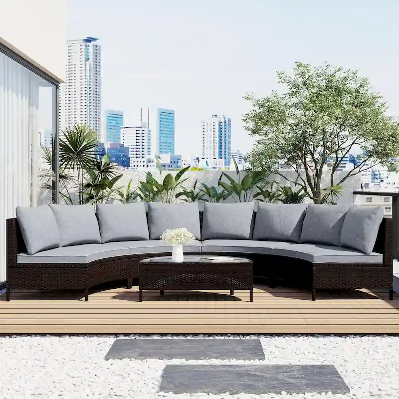 5 Piece Outdoor Patio Furniture Set, All-Weather Sectional PE Rattan Wicker Sofa Set with Tempered Glass Table
