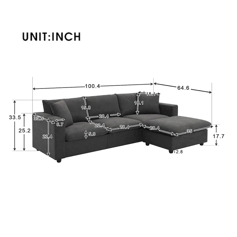 Modern 4-Seat L-Shaped Sectional Sofa, with 2 Free pillows, Convertible Ottoman