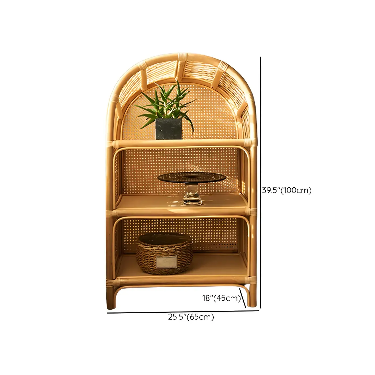 Light Wood Arch Rattan Bookshelf 5-Tier Bookcase