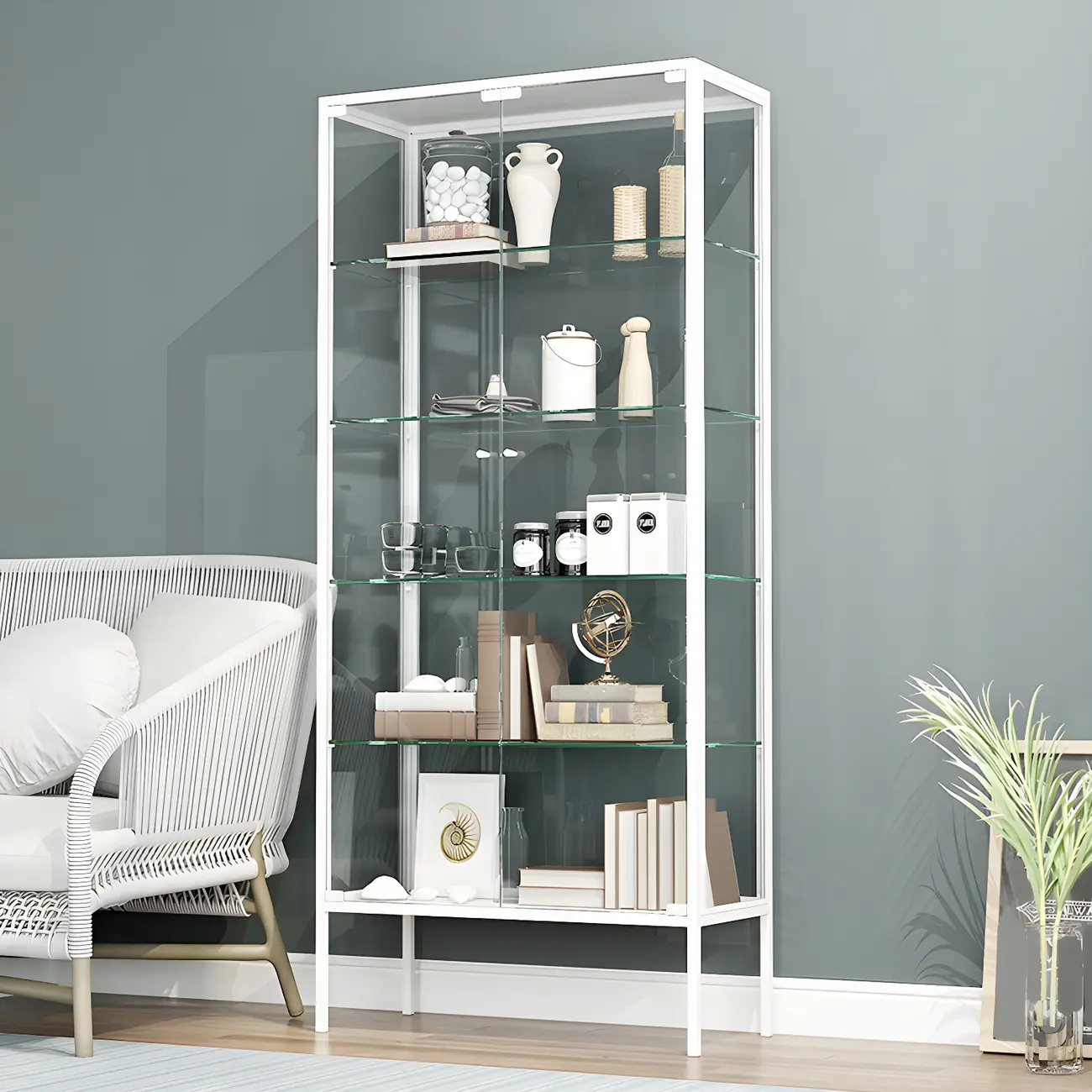 Black Metal Frame Glass Shelves Curio Cabinet