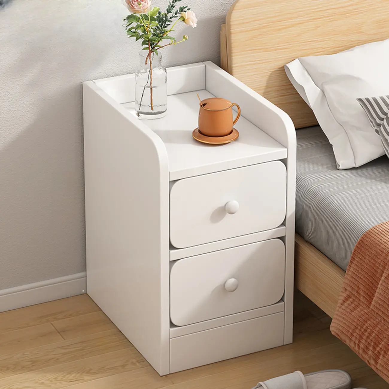 Simple White Natural Wood 2-Drawer Nightstand