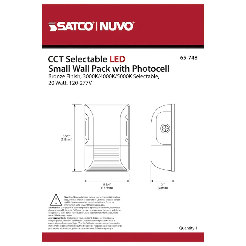 LED Small Wall Pack 20W CCT Selectable 3K/4K/5K Bronze Finish 100-277V