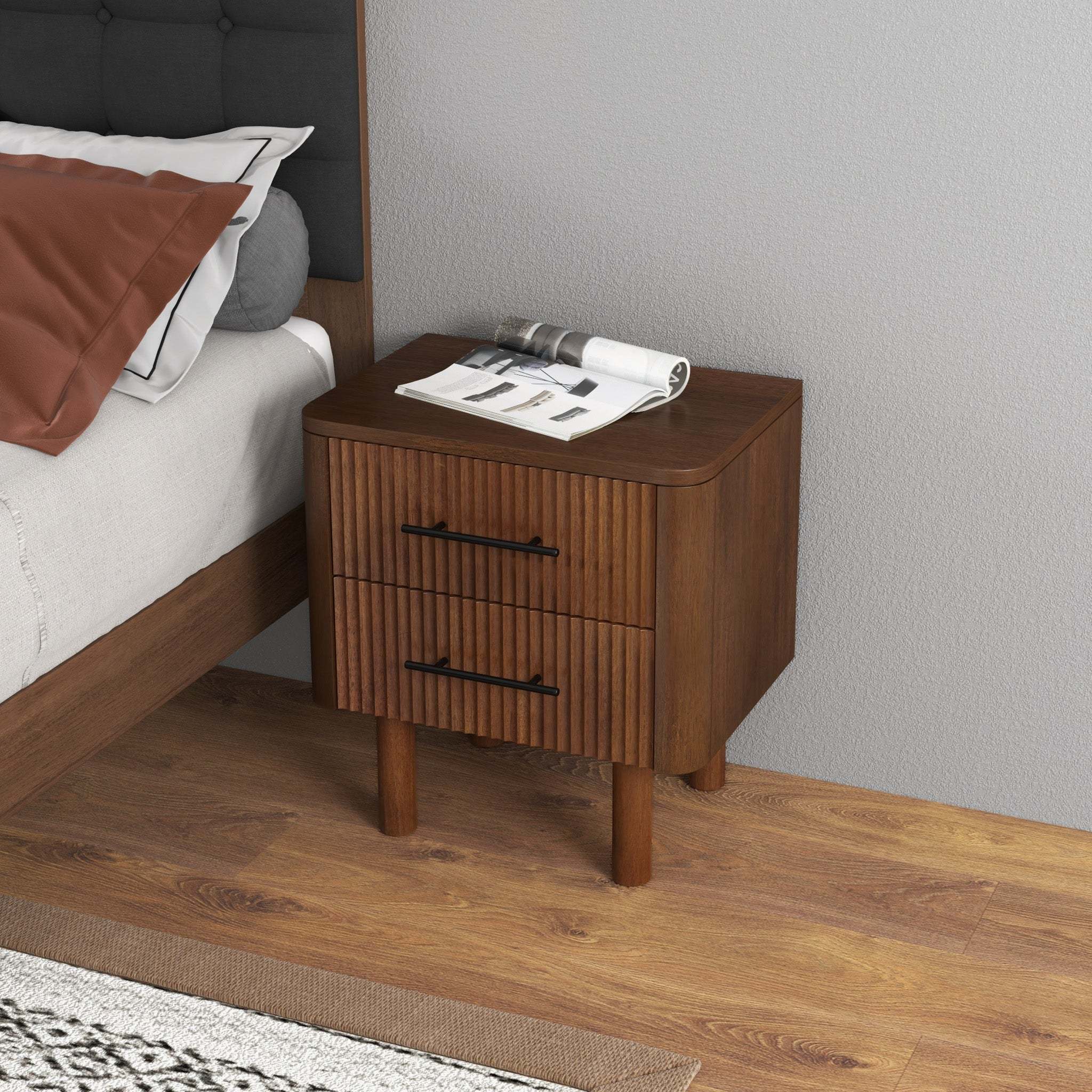 Logan Mid Century Modern Reeded Nightstand with 2 Drawers