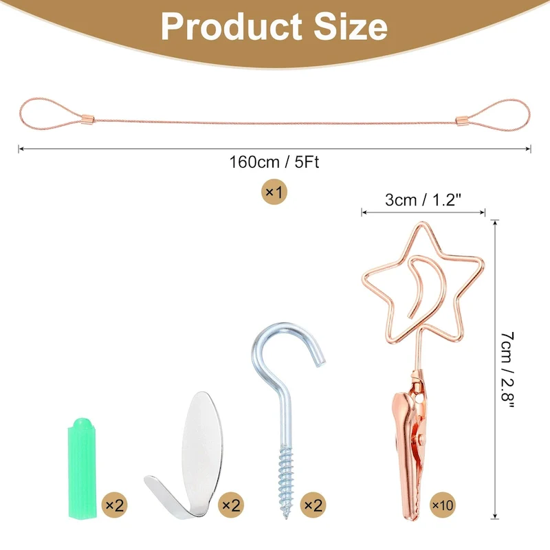 5Ft Wall Hanging Photo Display Cable Wire Rod with 10 Star Shaped Clips