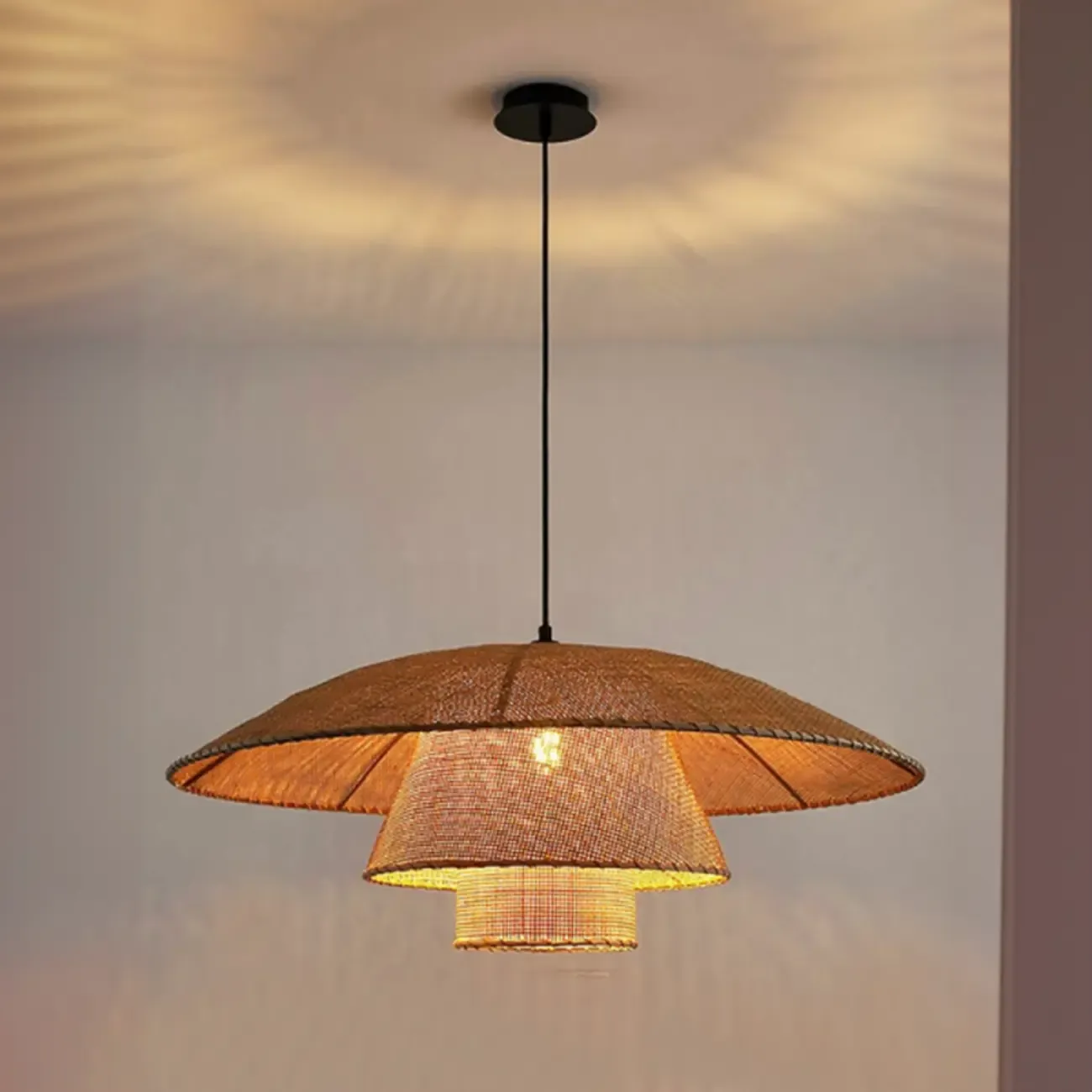 Oriental Rattan Beige Tiered Pendant Light Kitchen Island