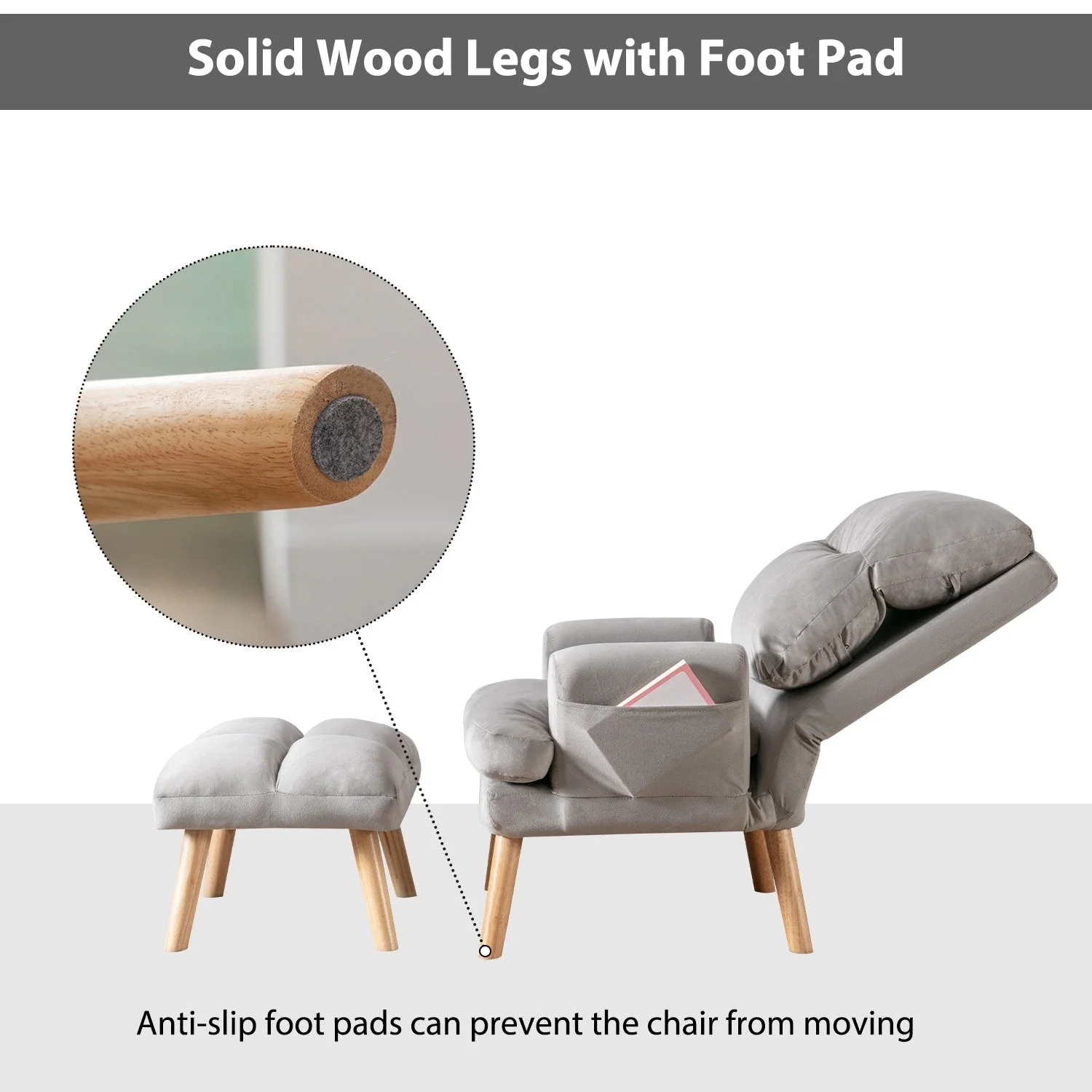 Soft Fabric Casual Living Room Armchair With Adjustable Backrest And Legs Stool