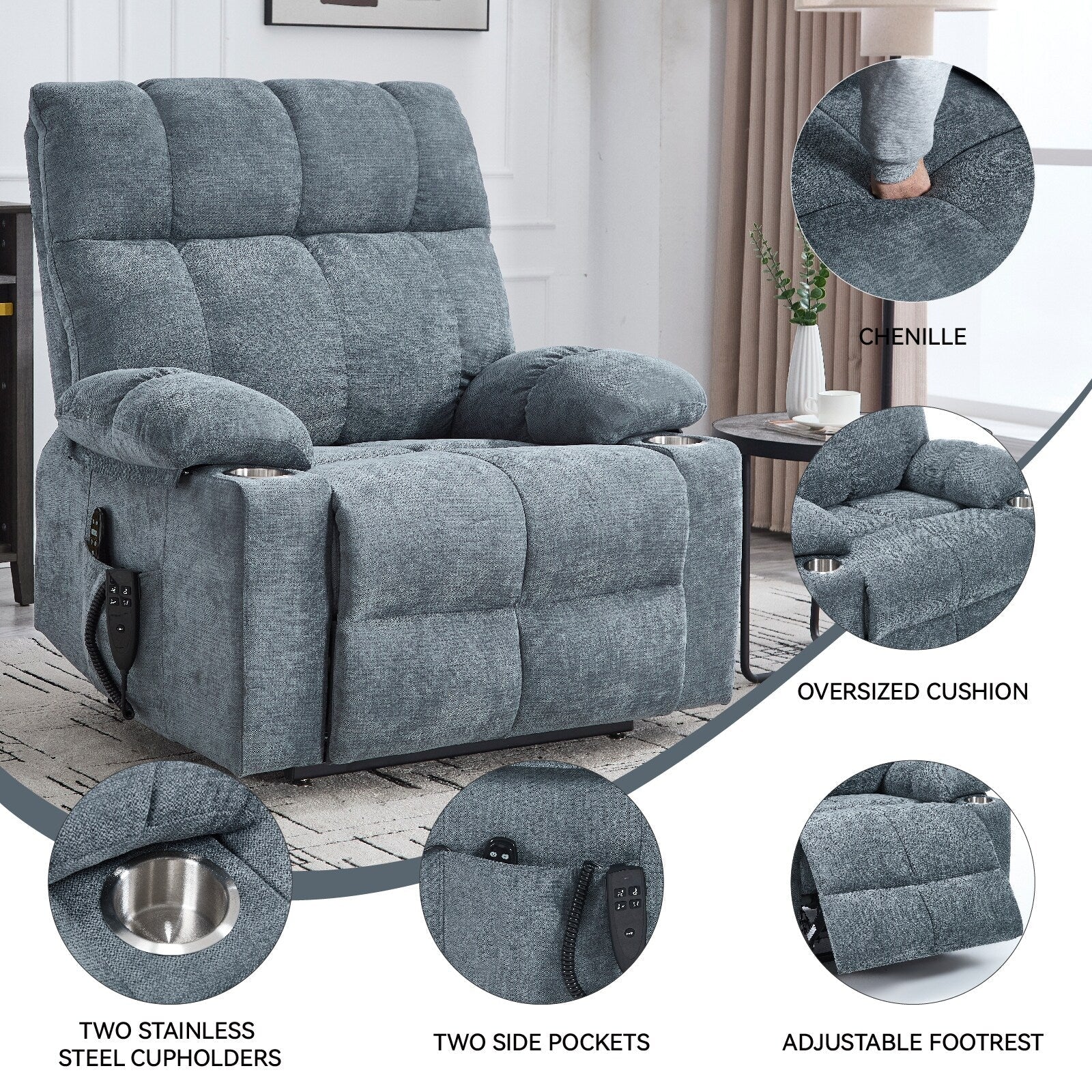 Lazy Boy Dual Motor Chenille Power Lift Recliner w/Massage and Lumbar Heating, Dual Cup Holders, Grey-Blue