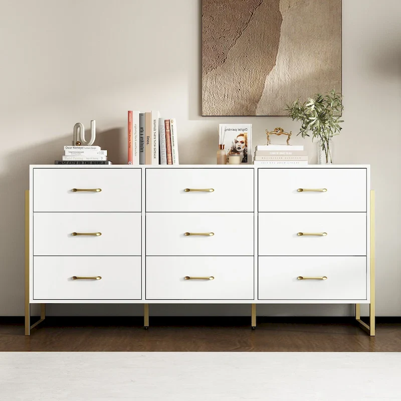 Versatile 9-Drawer Dresser - Sleek Black & Gold, Premium Quality Chest
