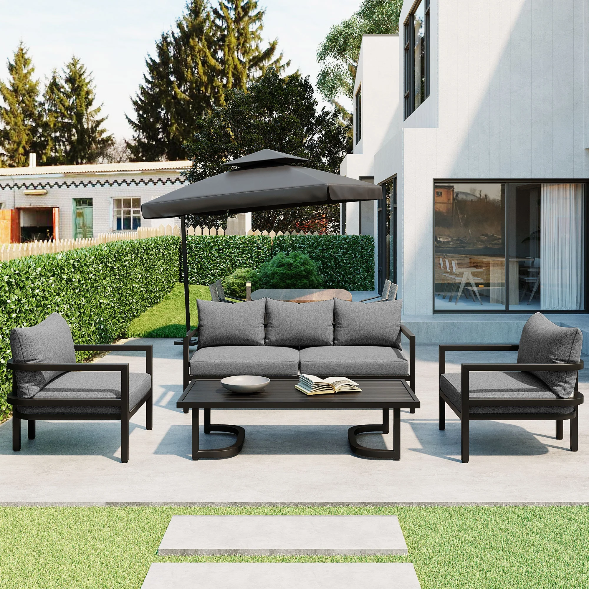 Walker Edison | Outdoor Patio Steel 4 Piece Sofa Set