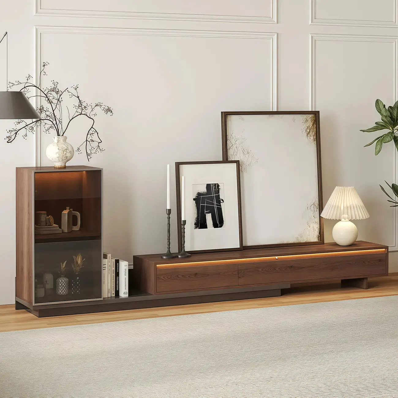 Mid-Century Walnut Extendable Wooden TV Stand with Drawers
