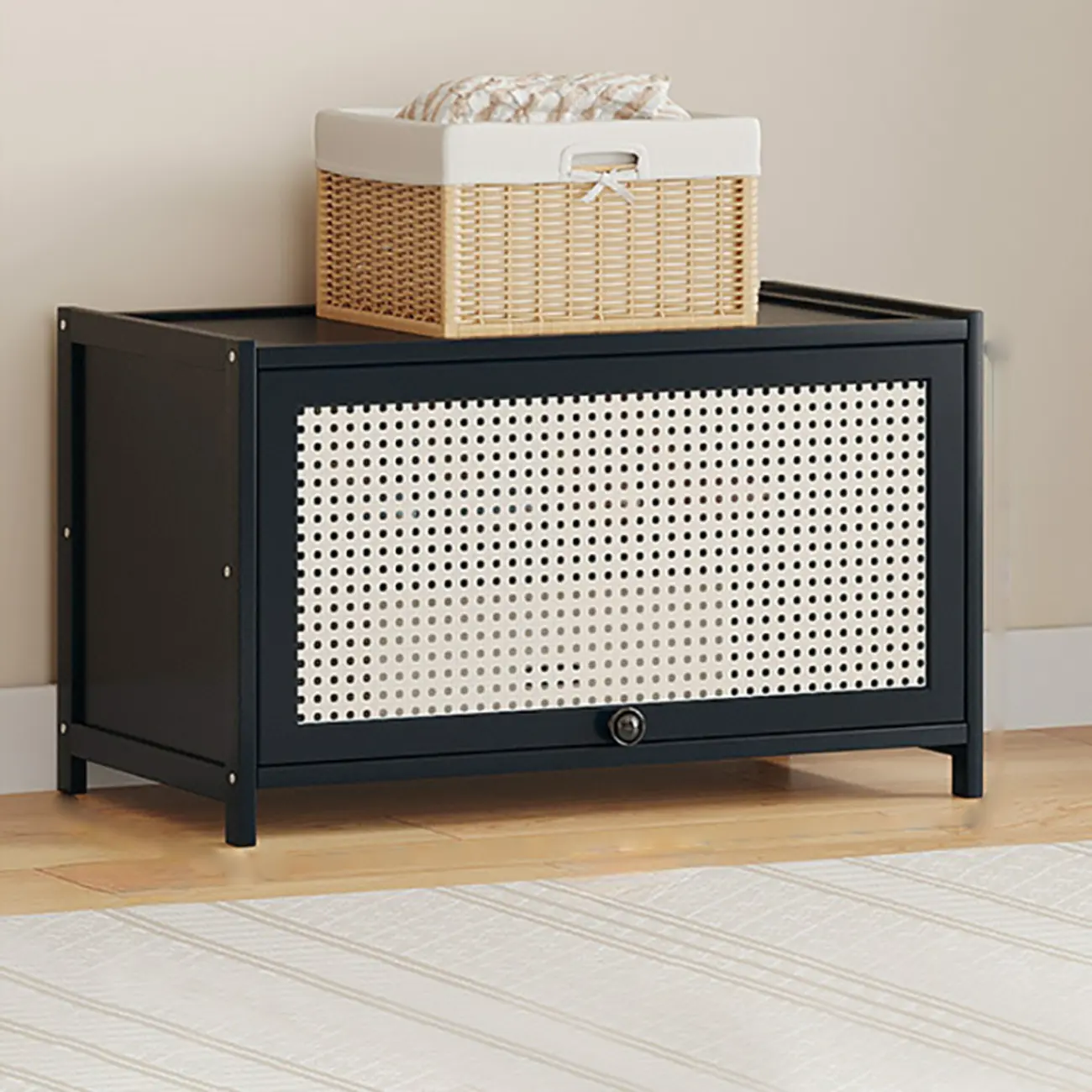 Modern Black Bamboo Shoe Cabinet with Rattan Panels