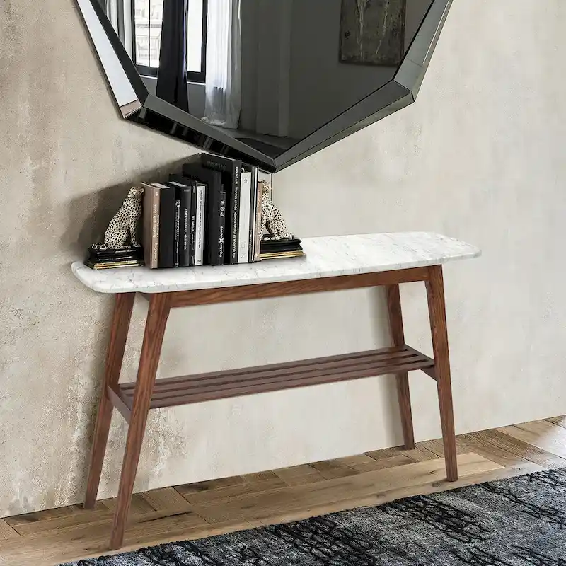 Castello 43 Rectangular Italian Carrara White Marble Console Table with Shelf - 43L x 12W x 31H - 43L x 12W x 31H