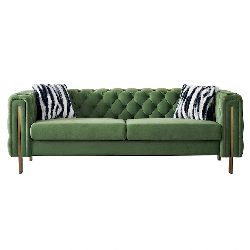 84.25 Luxurious Tufted Velvet Upholstered 3-Seater Sofa with Golden Metal Armrest Design and Buttoned Tufted Backrest