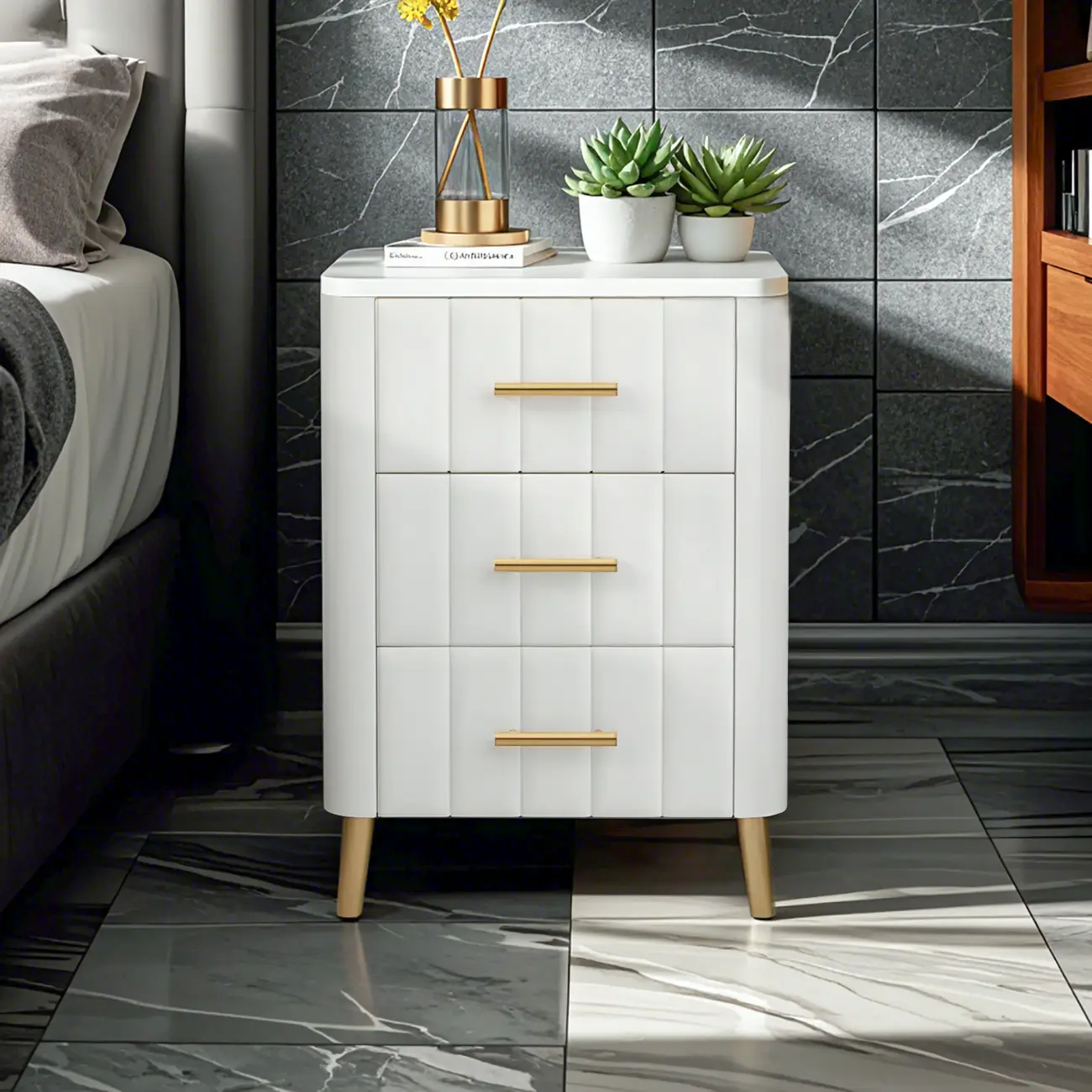 Glam Pink Leather Bedside Table with Marble Top 3 Drawers