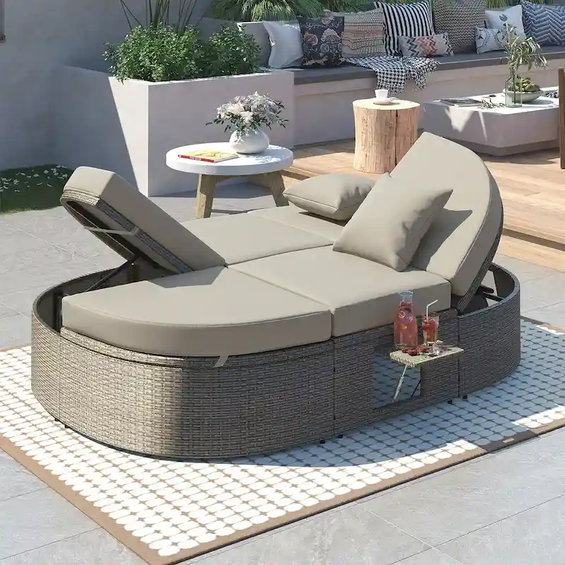 Gray PE Rattan Outdoor Daybed for 2