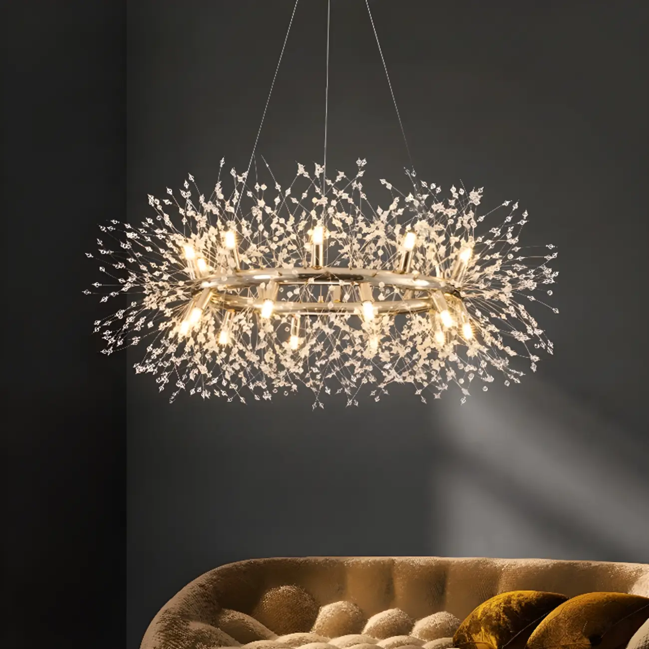 Modern Crystal Round Chandelier with Starburst Design