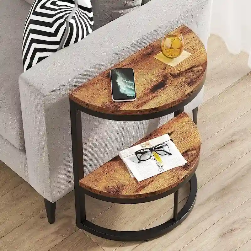 Half Round End Table, Narrow Side Table Slim C Table with Metal Frame
