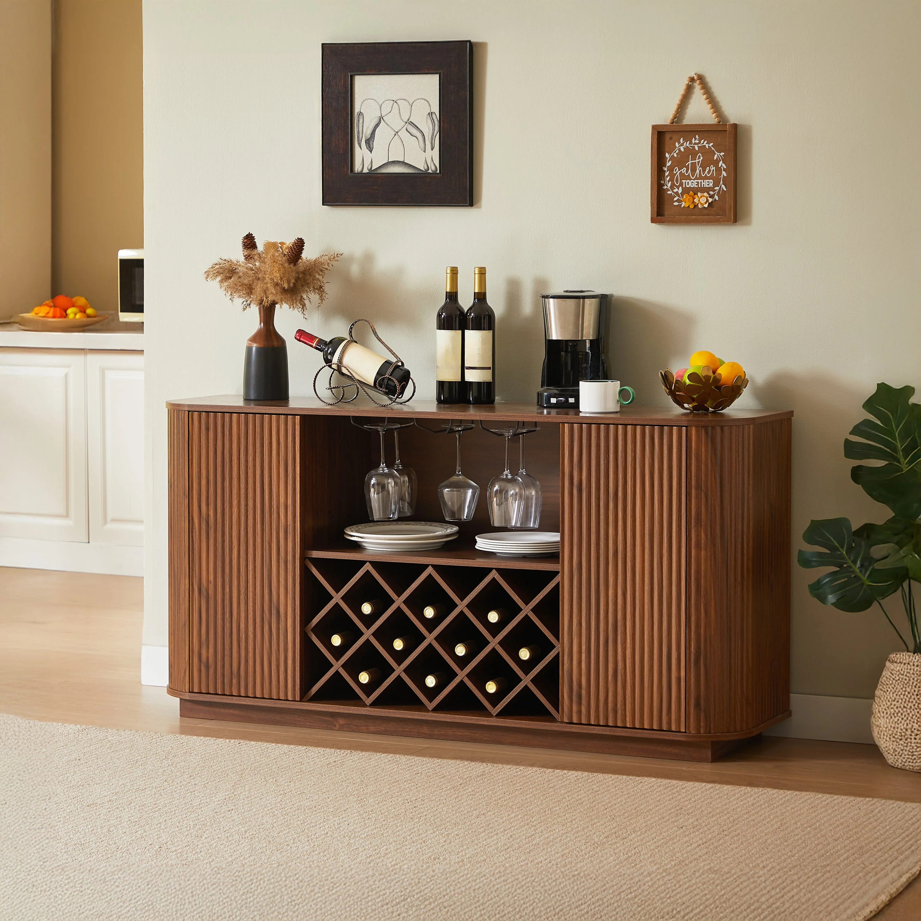 Modern Fluted Curve 58' Wine Rack Bar Cabinet / Sideboard