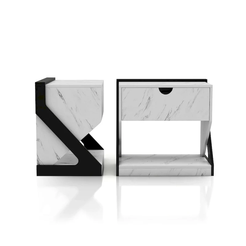 DH BASIC Modern White Faux Marble 1-Drawer Nightstand Side Table by Denhour