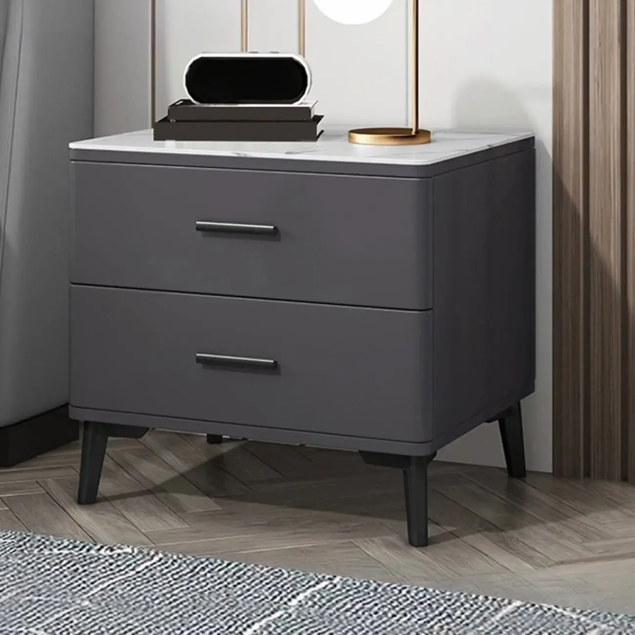 Modern White Stone Top Oak 2-Drawer Nightstand