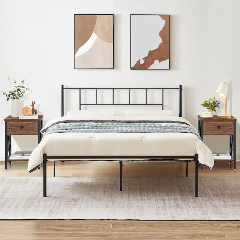 VECELO 3-Pieces Bed Frame with Wood Headboard and Modern Nightstands Set of 2