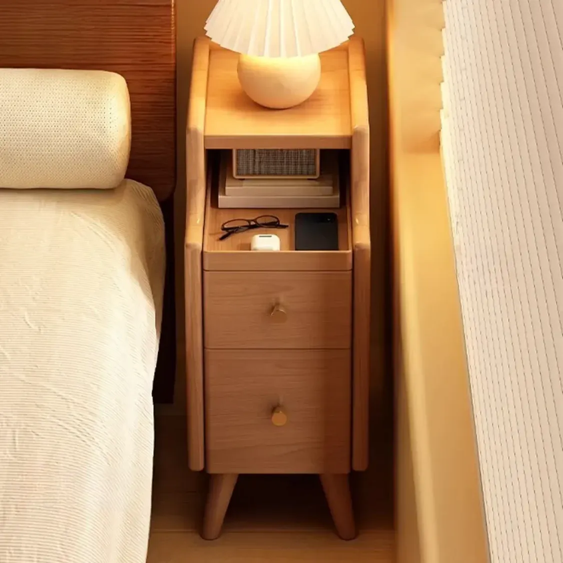 Narrow White Wood 2 Shelves Nightstand