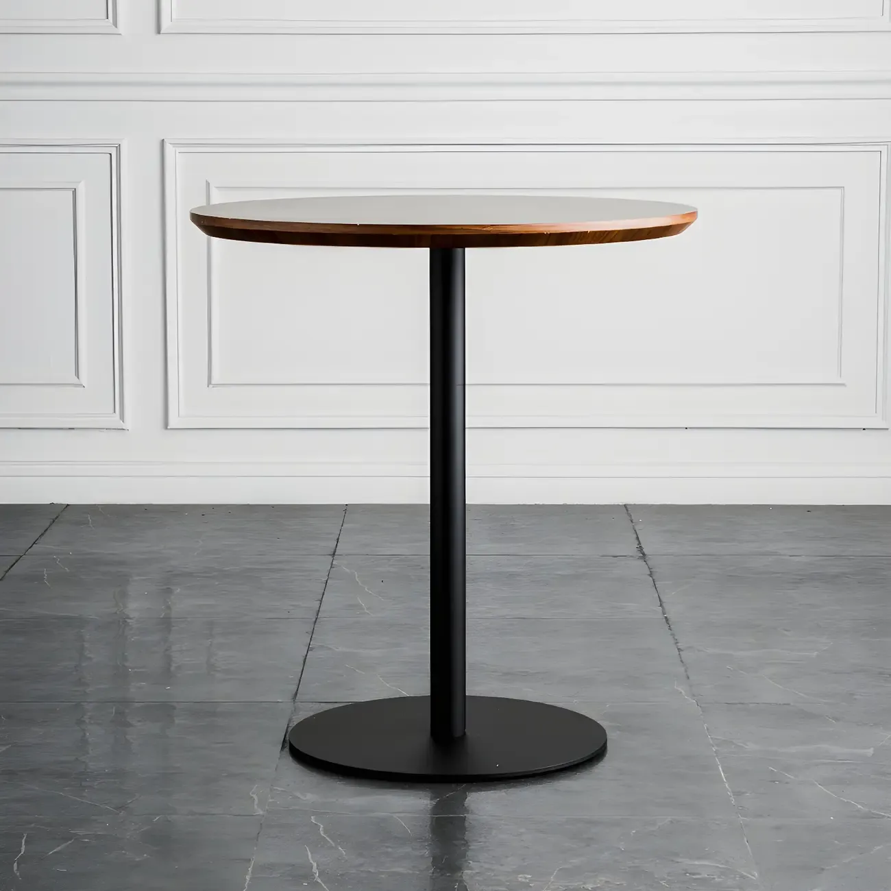 Modern Brown Wood Grain Black Metallic Pedestal Bar Tables