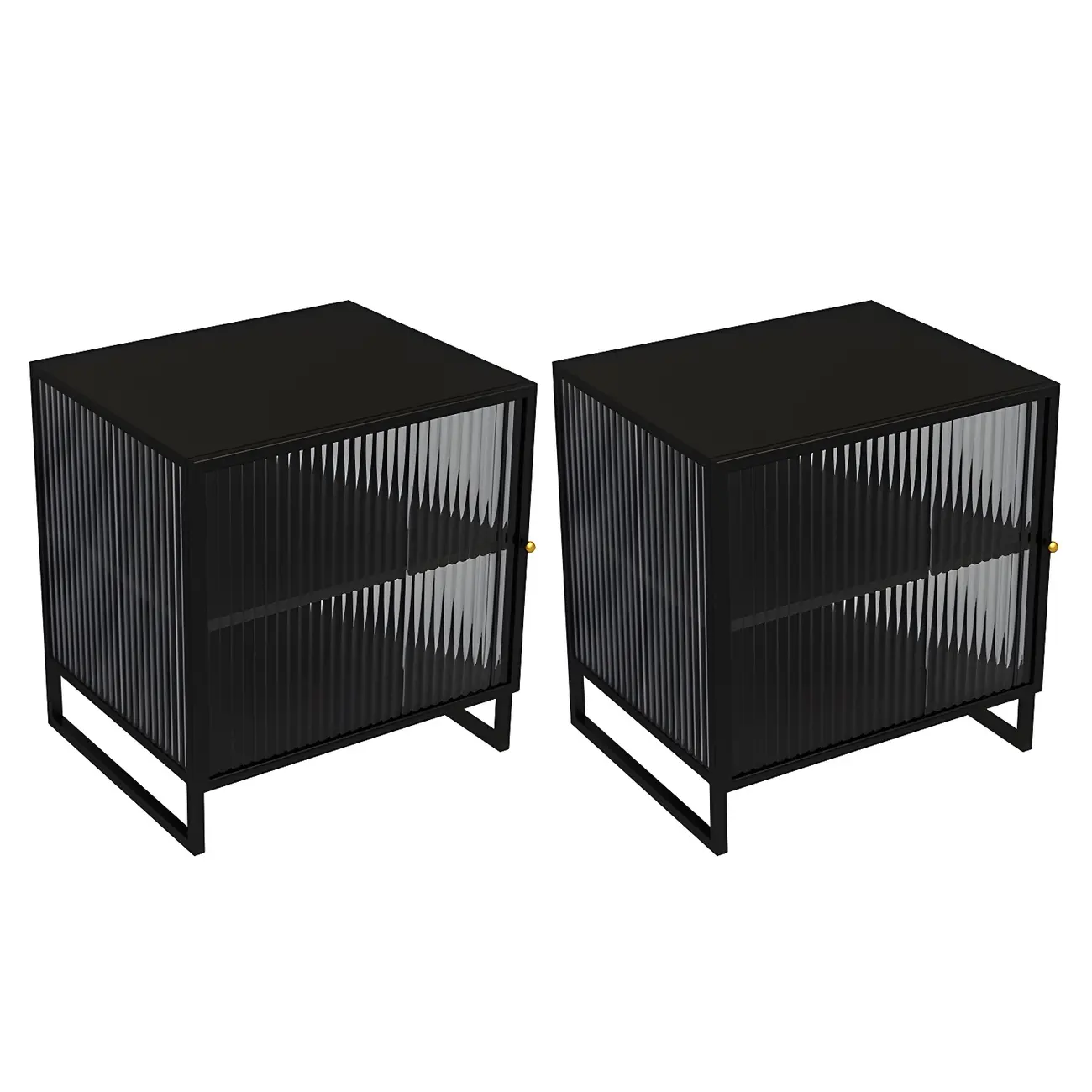 Black 2-Tier Ribbed Glass Metal Bedroom Nightstand