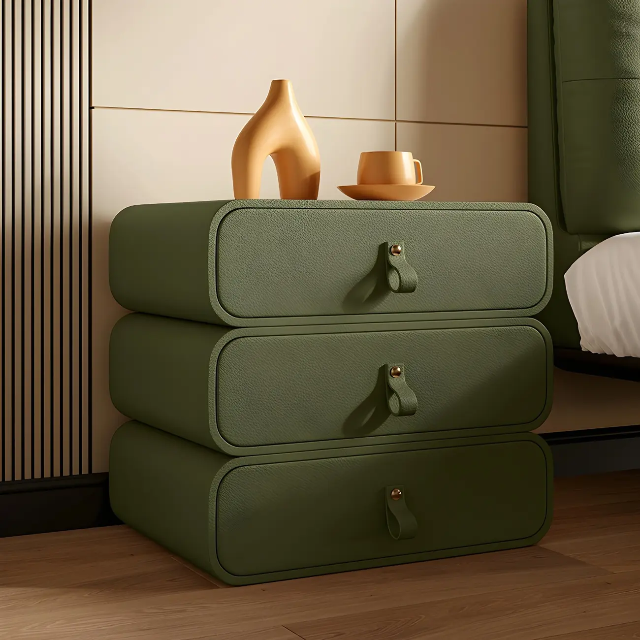 Sleek Solid Color Faux Leather Three-Tiers Drawers Nightstand